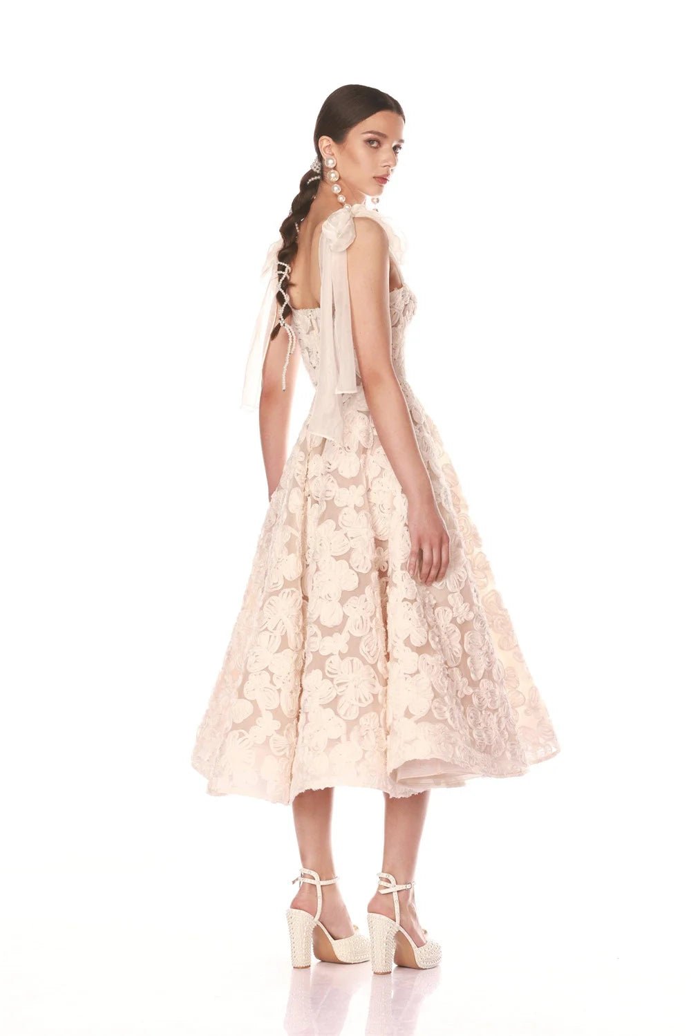 Off-White Lace Tea-Length A-Line Wedding Dress with Bow Straps - Luzilly Bridal & Apparel