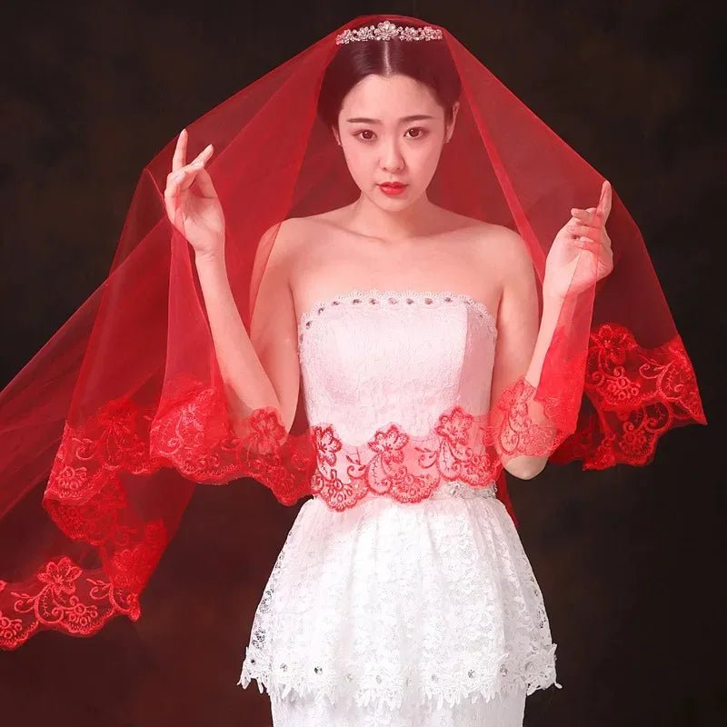 One-Layer Women Girl Red Halloween Cosplay Costume Veils Lace Appliques Edge Bridal Marriage Short Head Bridal Accessories - Luzilly Bridal & Apparel