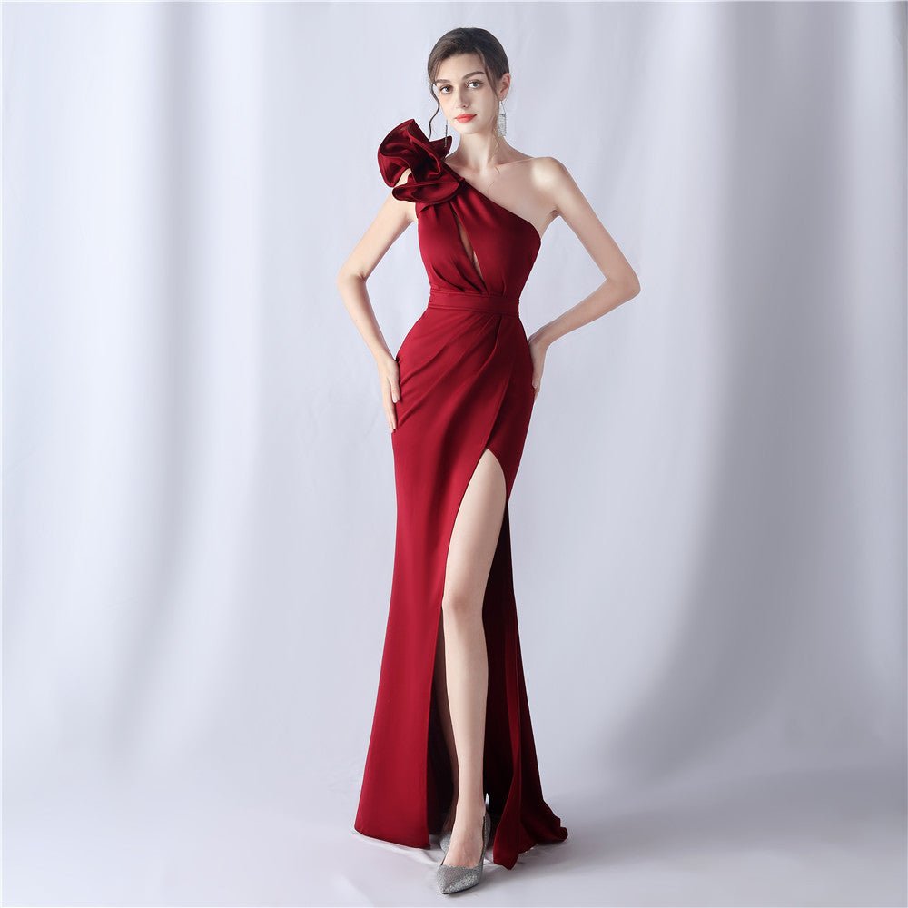 One-Shoulder 3D Floral Evening Dress - Luzilly Bridal & Apparel