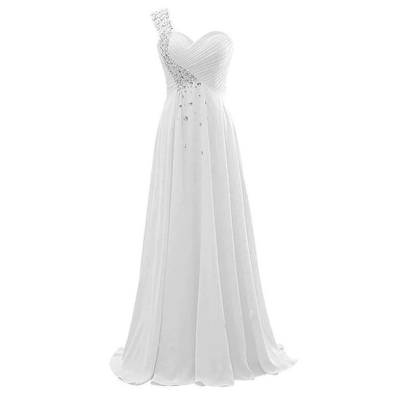 One-Shoulder Beaded Chiffon A-Line Bridesmaid Dress - Luzilly Bridal & Apparel