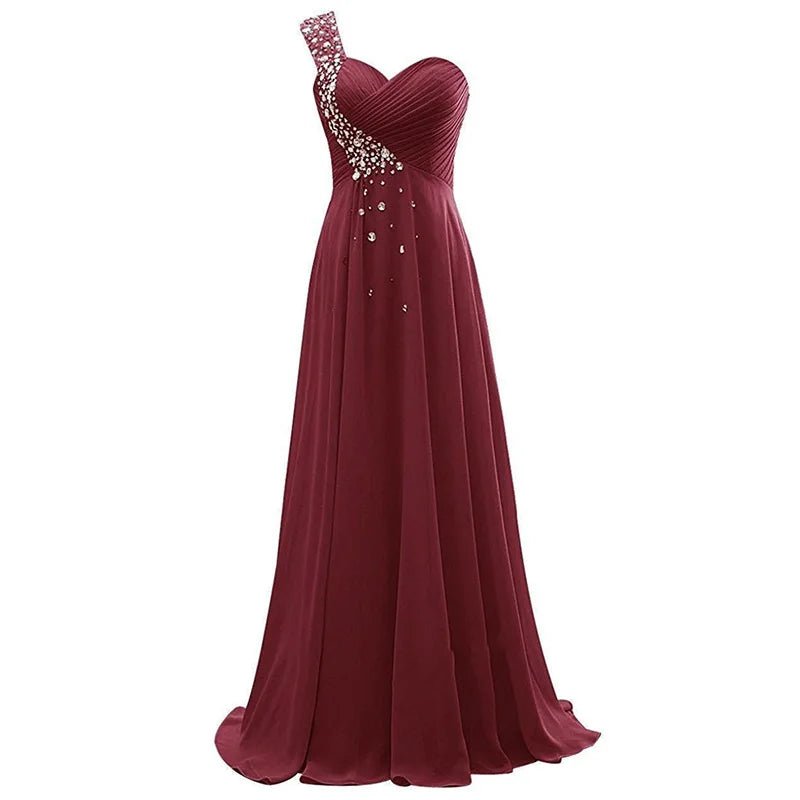 One-Shoulder Beaded Chiffon A-Line Bridesmaid Dress - Luzilly Bridal & Apparel