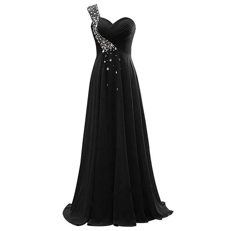 One-Shoulder Beaded Chiffon A-Line Bridesmaid Dress - Luzilly Bridal & Apparel