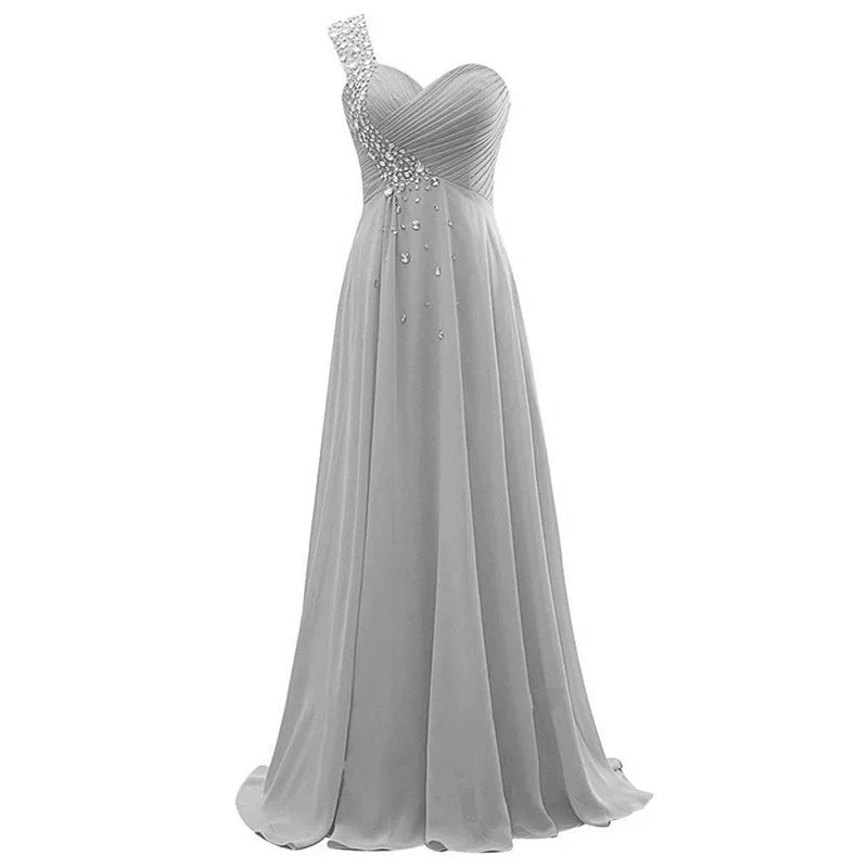 One-Shoulder Beaded Chiffon A-Line Bridesmaid Dress - Luzilly Bridal & Apparel
