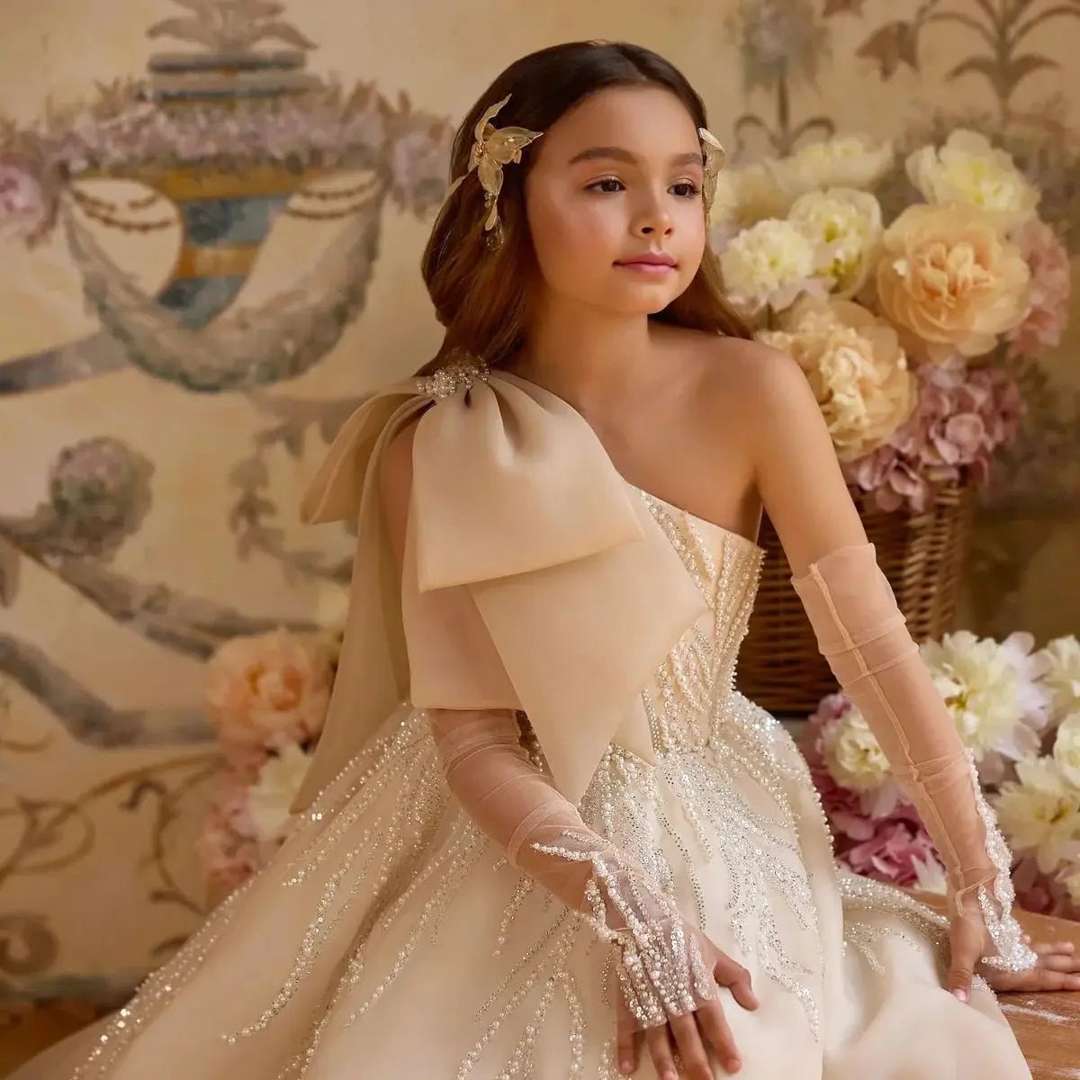 One-Shoulder Beaded Flower Girl Gown - Luzilly Bridal & Apparel