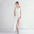 One-Shoulder Beaded Satin Fishtail Gown - Luzilly Bridal & Apparel