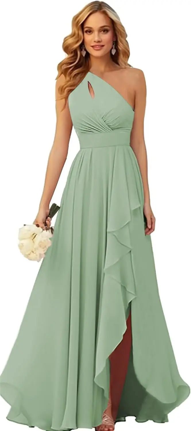 One-Shoulder Chiffon Bridesmaid Dress with Ruffle Slit - Luzilly Bridal & Apparel