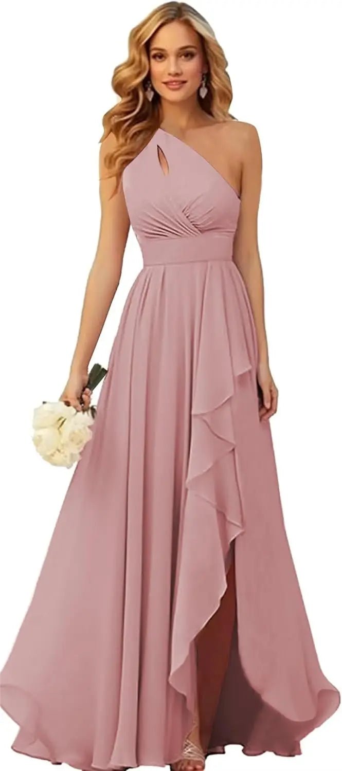 One-Shoulder Chiffon Bridesmaid Dress with Ruffle Slit - Luzilly Bridal & Apparel