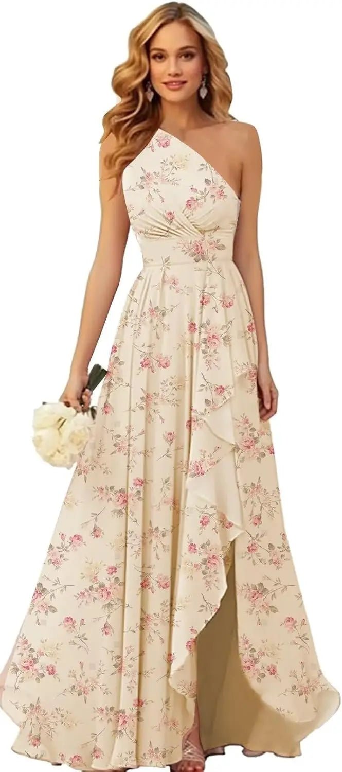 One-Shoulder Chiffon Bridesmaid Dress with Ruffle Slit - Luzilly Bridal & Apparel