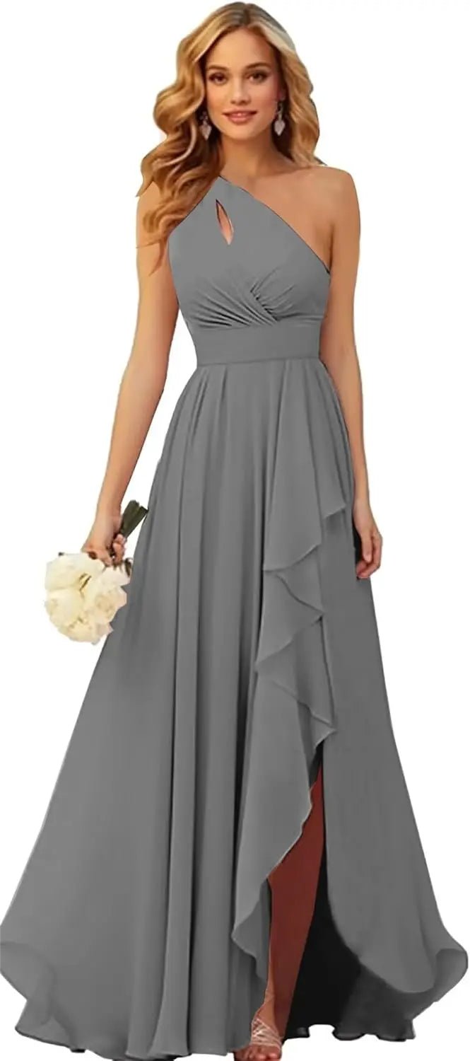 One-Shoulder Chiffon Bridesmaid Dress with Ruffle Slit - Luzilly Bridal & Apparel