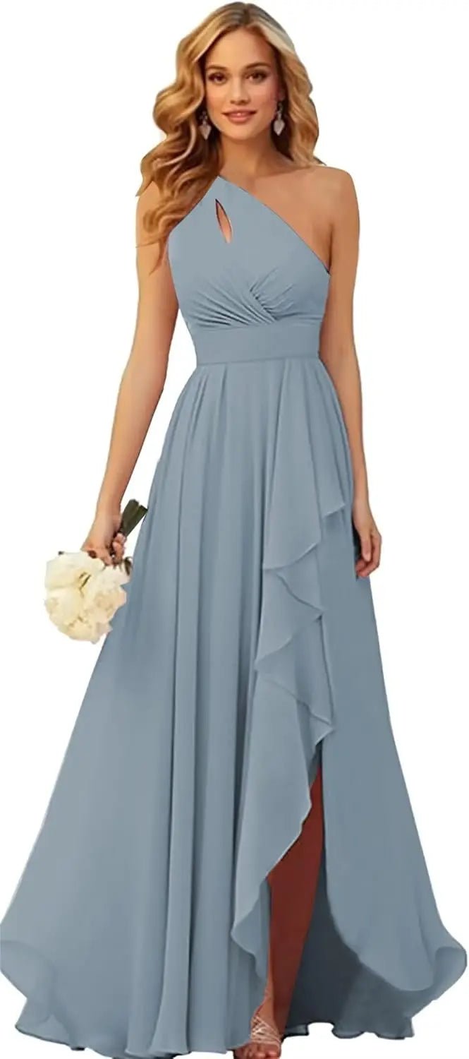 One-Shoulder Chiffon Bridesmaid Dress with Ruffle Slit - Luzilly Bridal & Apparel