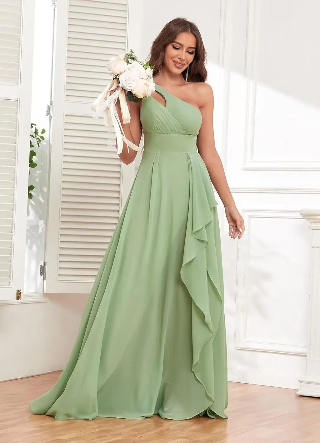 One-Shoulder Chiffon Bridesmaid Dress with Ruffle Slit - Luzilly Bridal & Apparel
