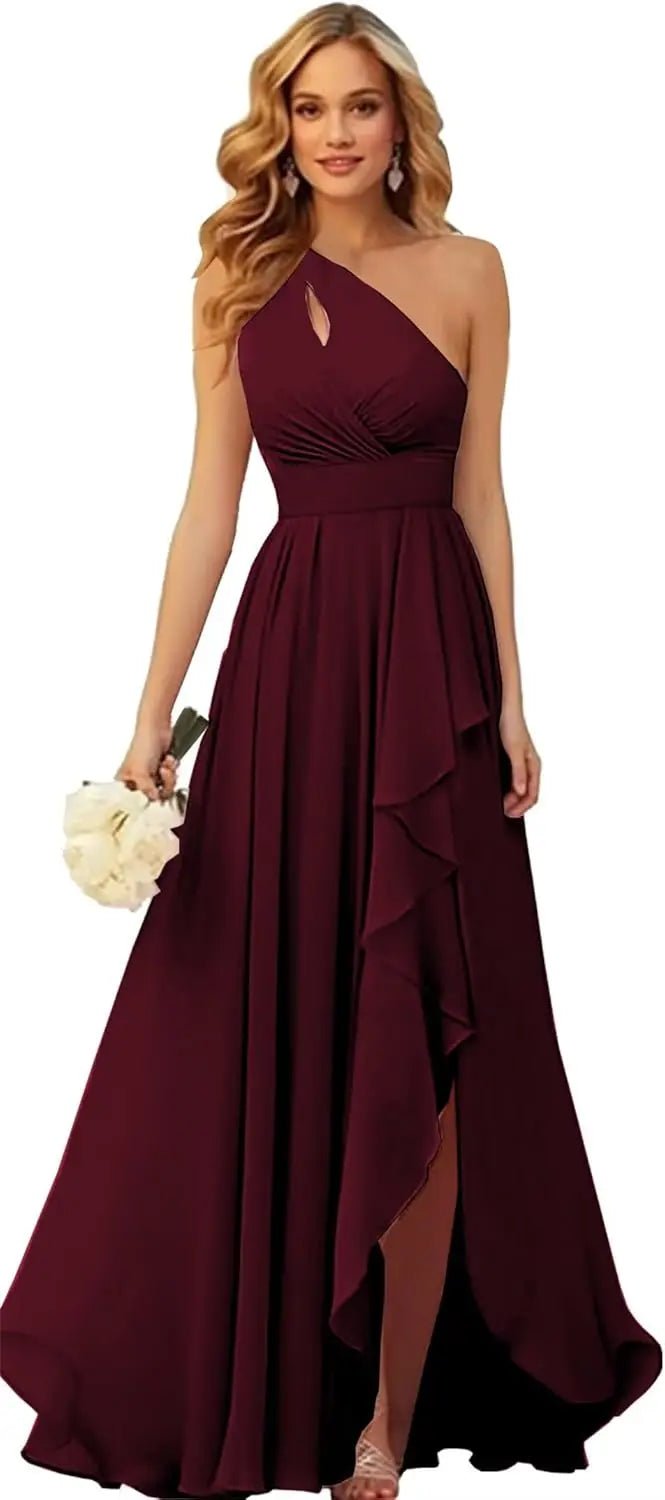 One-Shoulder Chiffon Bridesmaid Dress with Ruffle Slit - Luzilly Bridal & Apparel