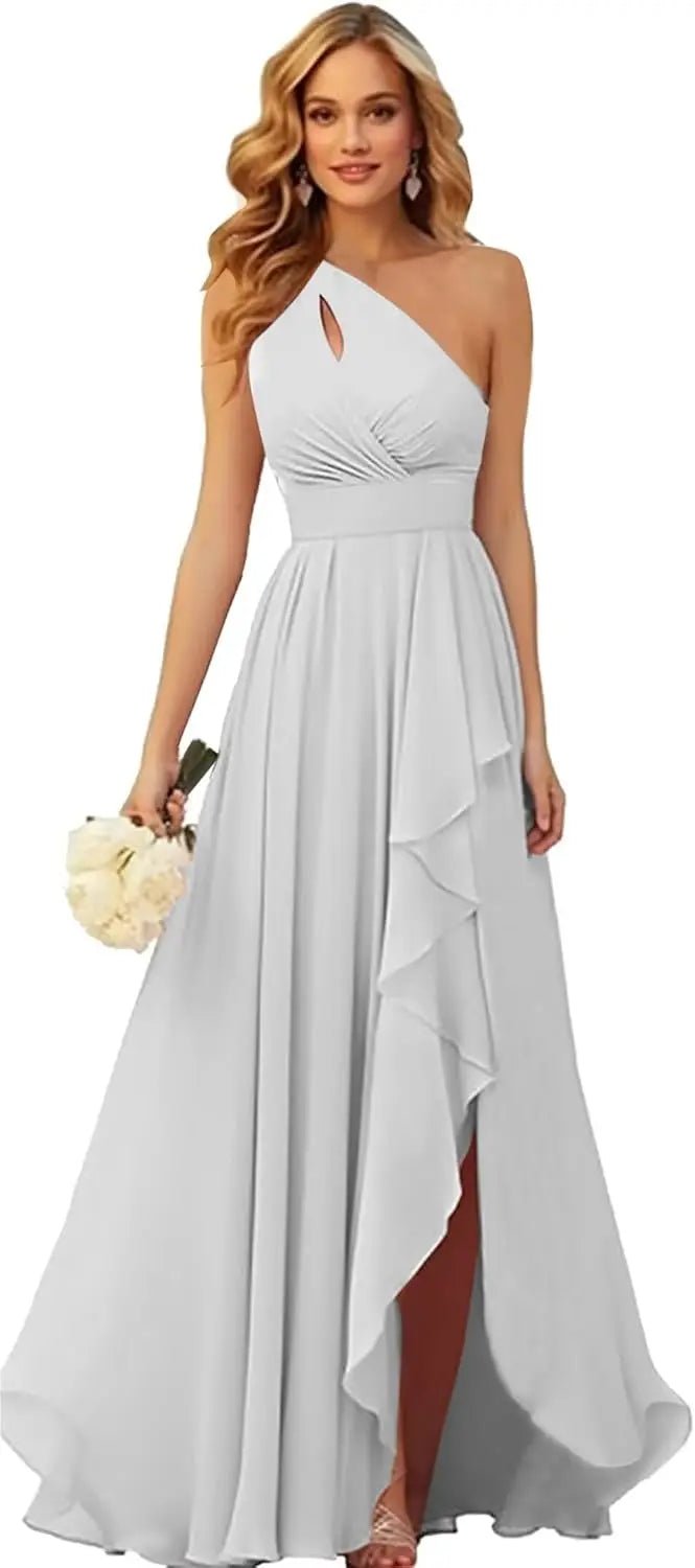 One-Shoulder Chiffon Bridesmaid Dress with Ruffle Slit - Luzilly Bridal & Apparel
