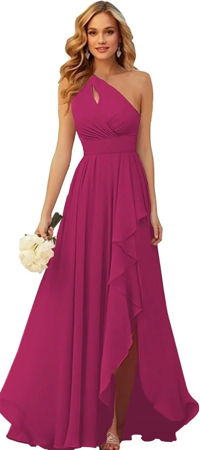 One-Shoulder Chiffon Bridesmaid Dress with Ruffle Slit - Luzilly Bridal & Apparel