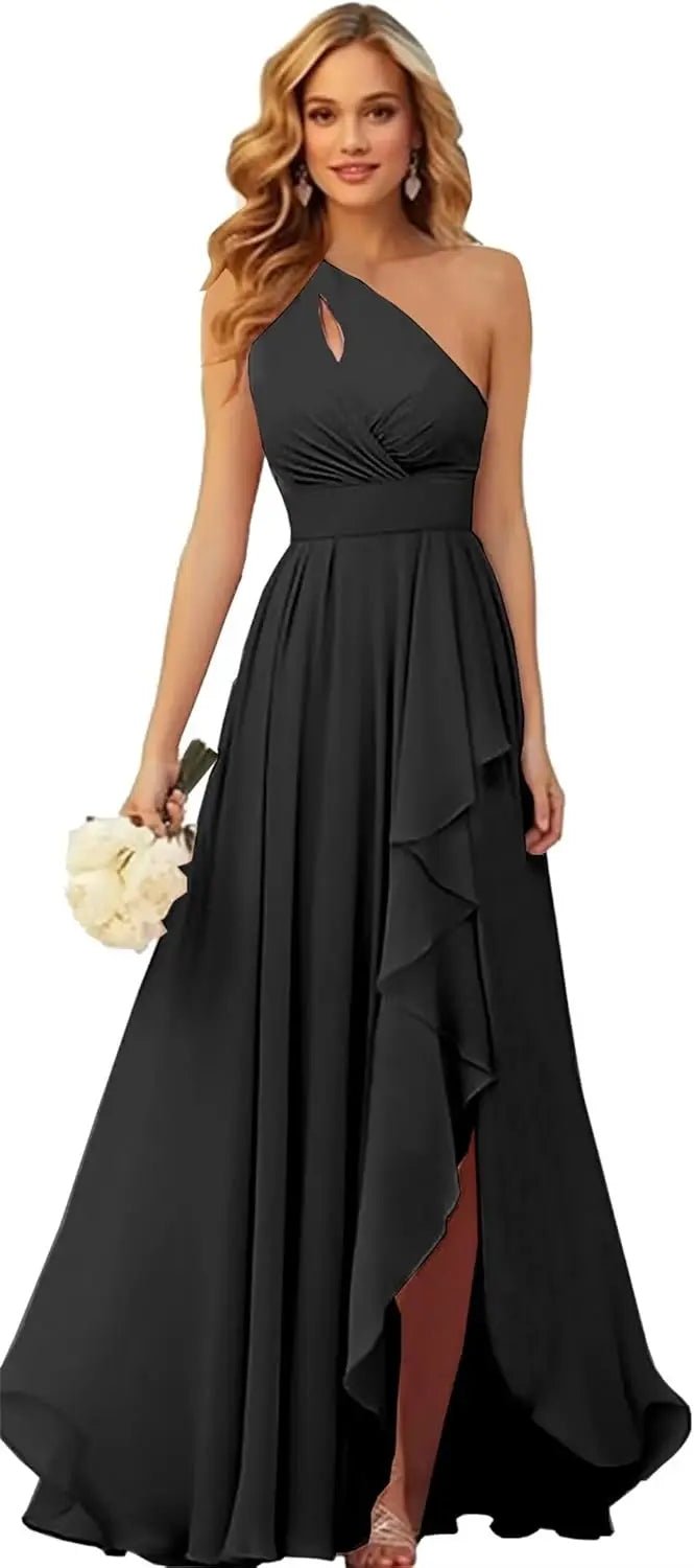 One-Shoulder Chiffon Bridesmaid Dress with Ruffle Slit - Luzilly Bridal & Apparel