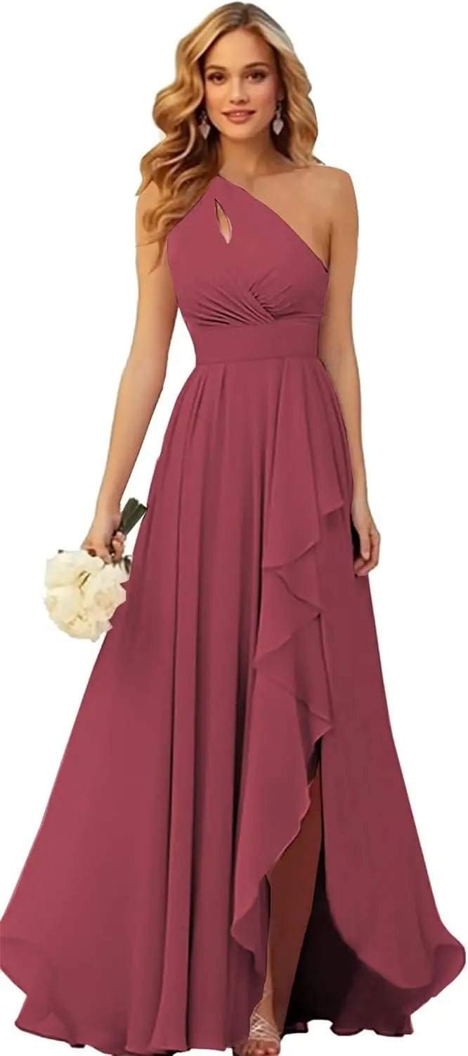 One-Shoulder Chiffon Bridesmaid Dress with Ruffle Slit - Luzilly Bridal & Apparel