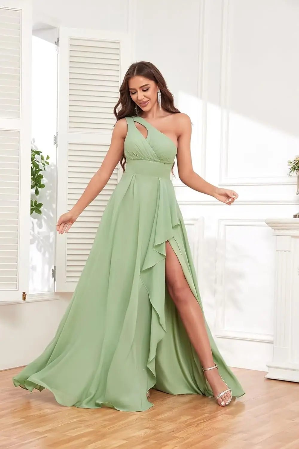 One-Shoulder Chiffon Bridesmaid Dress with Ruffle Slit - Luzilly Bridal & Apparel