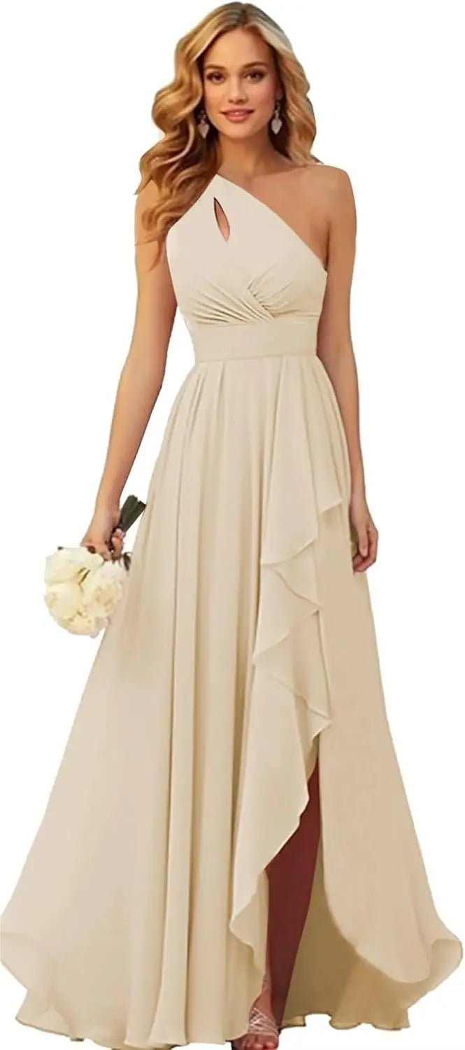 One-Shoulder Chiffon Bridesmaid Dress with Ruffle Slit - Luzilly Bridal & Apparel