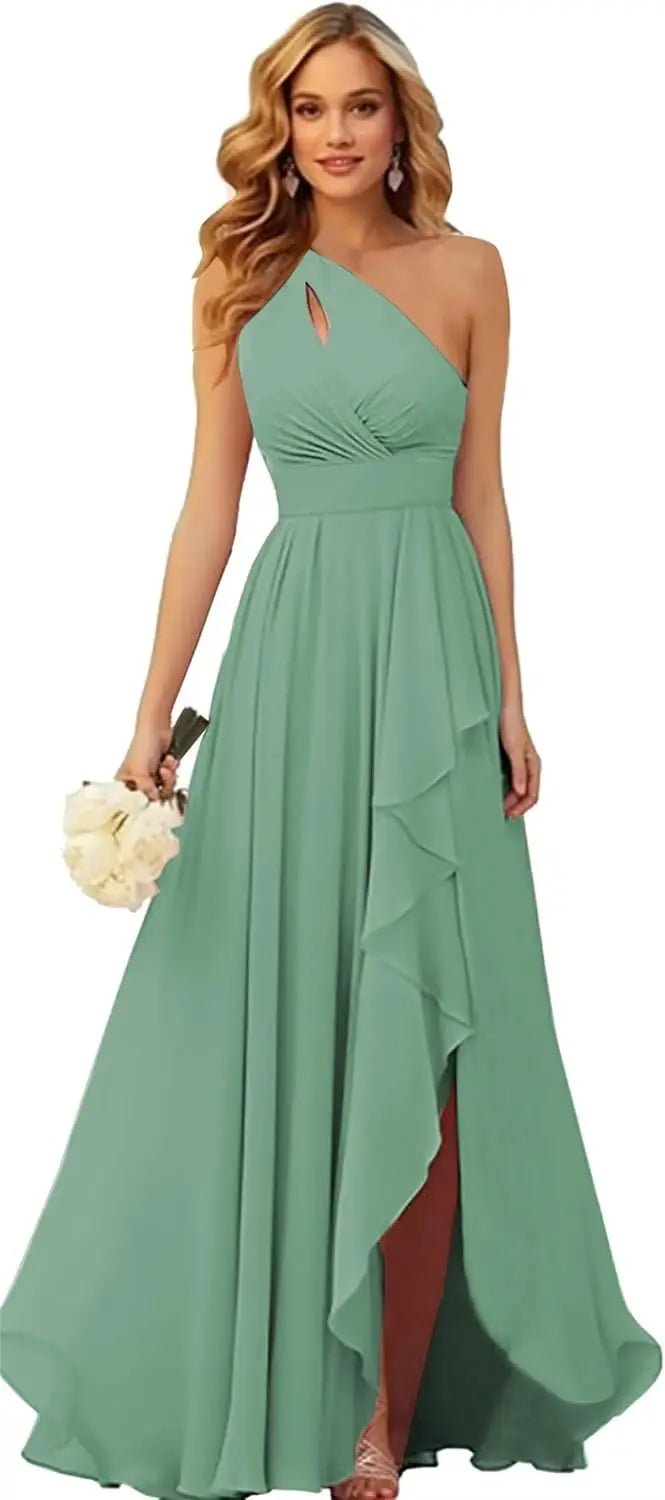 One-Shoulder Chiffon Bridesmaid Dress with Ruffle Slit - Luzilly Bridal & Apparel