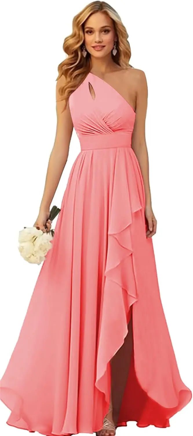 One-Shoulder Chiffon Bridesmaid Dress with Ruffle Slit - Luzilly Bridal & Apparel