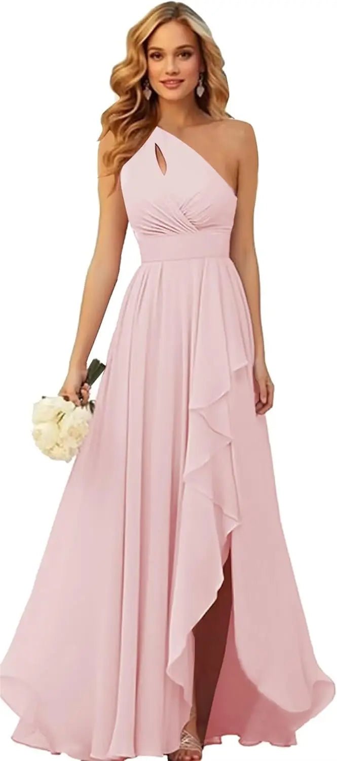 One-Shoulder Chiffon Bridesmaid Dress with Ruffle Slit - Luzilly Bridal & Apparel