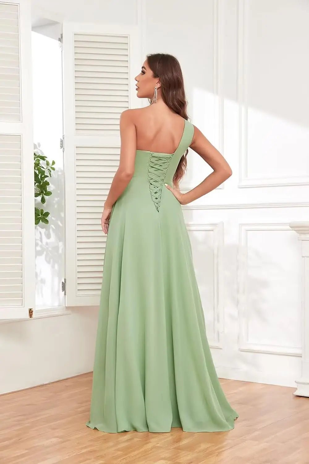 One-Shoulder Chiffon Bridesmaid Dress with Ruffle Slit - Luzilly Bridal & Apparel