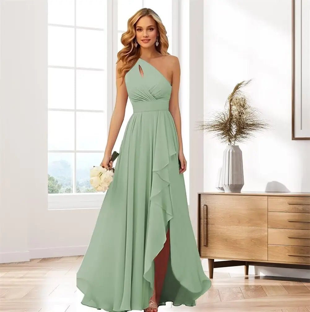 One-Shoulder Chiffon Bridesmaid Dress with Ruffle Slit - Luzilly Bridal & Apparel