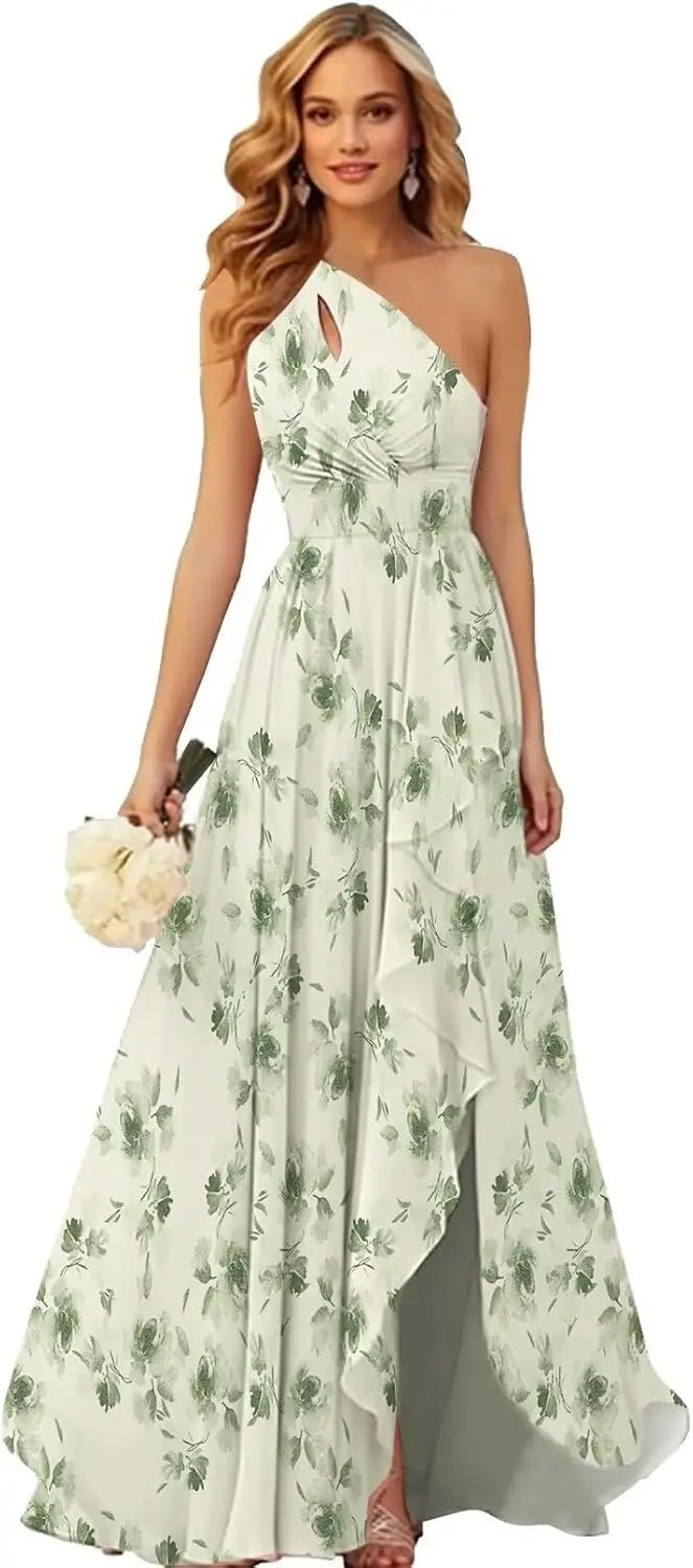 One-Shoulder Chiffon Bridesmaid Dress with Ruffle Slit - Luzilly Bridal & Apparel