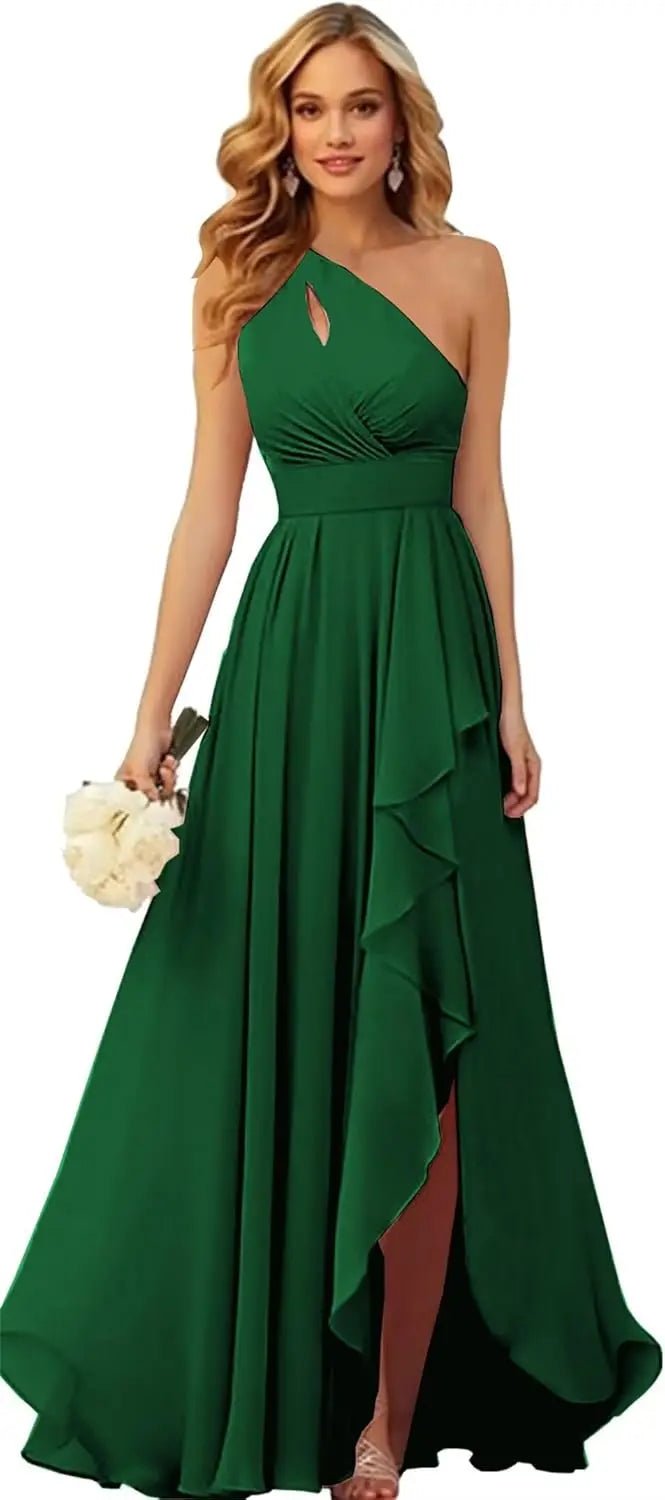 One-Shoulder Chiffon Bridesmaid Dress with Ruffle Slit - Luzilly Bridal & Apparel