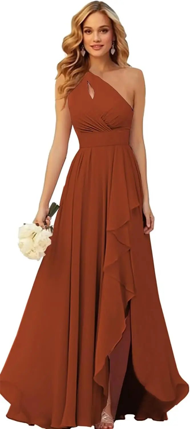One-Shoulder Chiffon Bridesmaid Dress with Ruffle Slit - Luzilly Bridal & Apparel