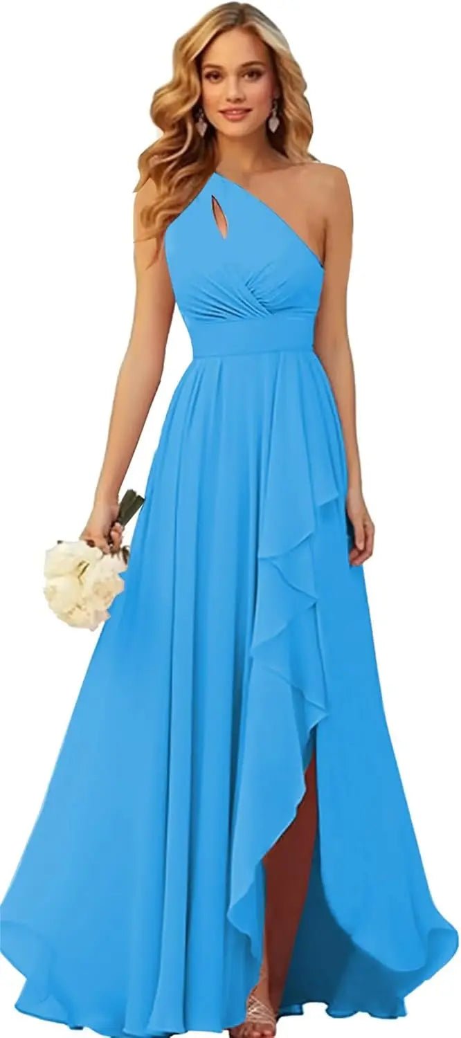 One-Shoulder Chiffon Bridesmaid Dress with Ruffle Slit - Luzilly Bridal & Apparel