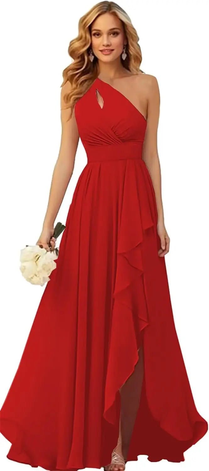 One-Shoulder Chiffon Bridesmaid Dress with Ruffle Slit - Luzilly Bridal & Apparel