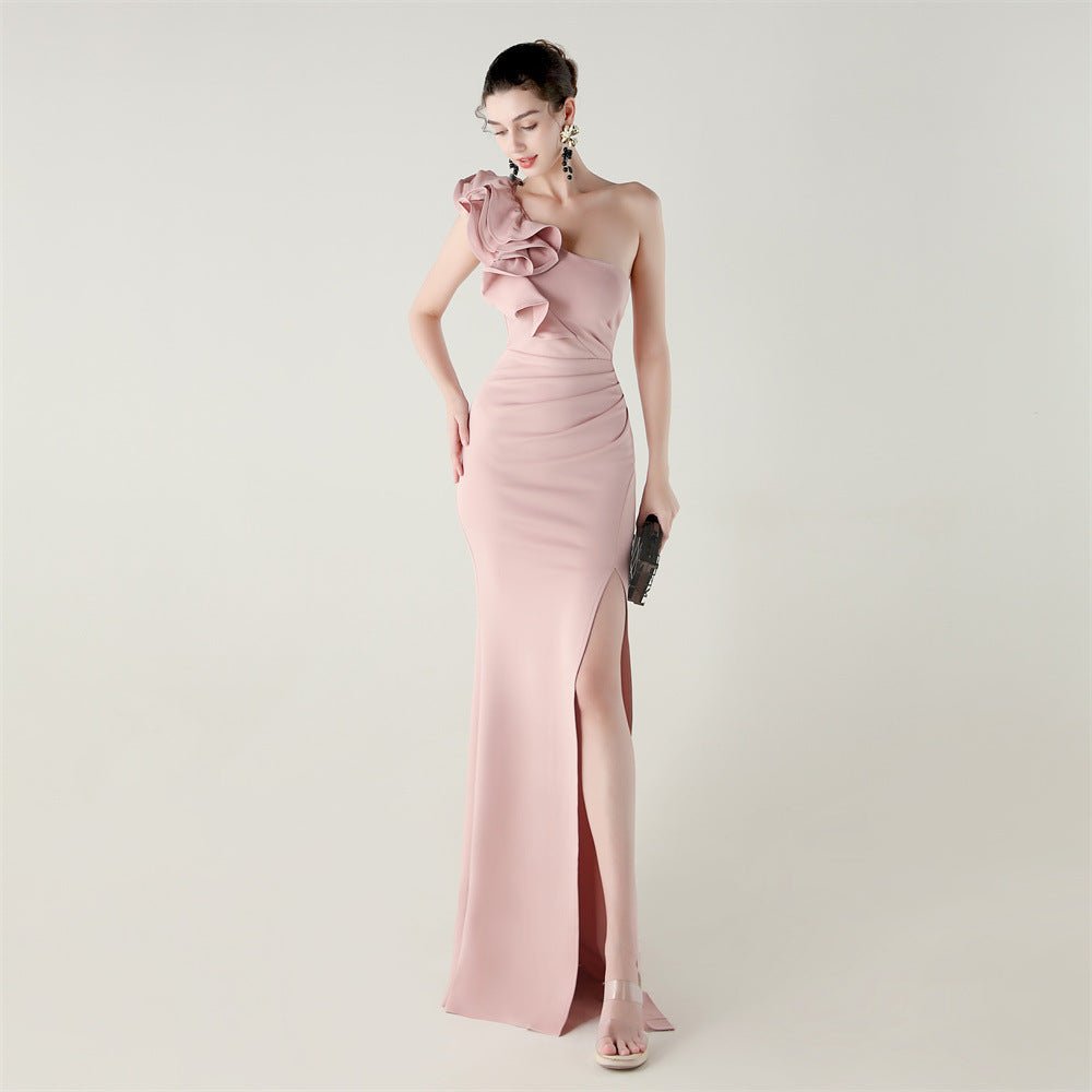 One Shoulder Craft Wave Floral Satin High Slit Sexy Evening Dress Dinner Party Wedding Social - Luzilly Bridal & Apparel