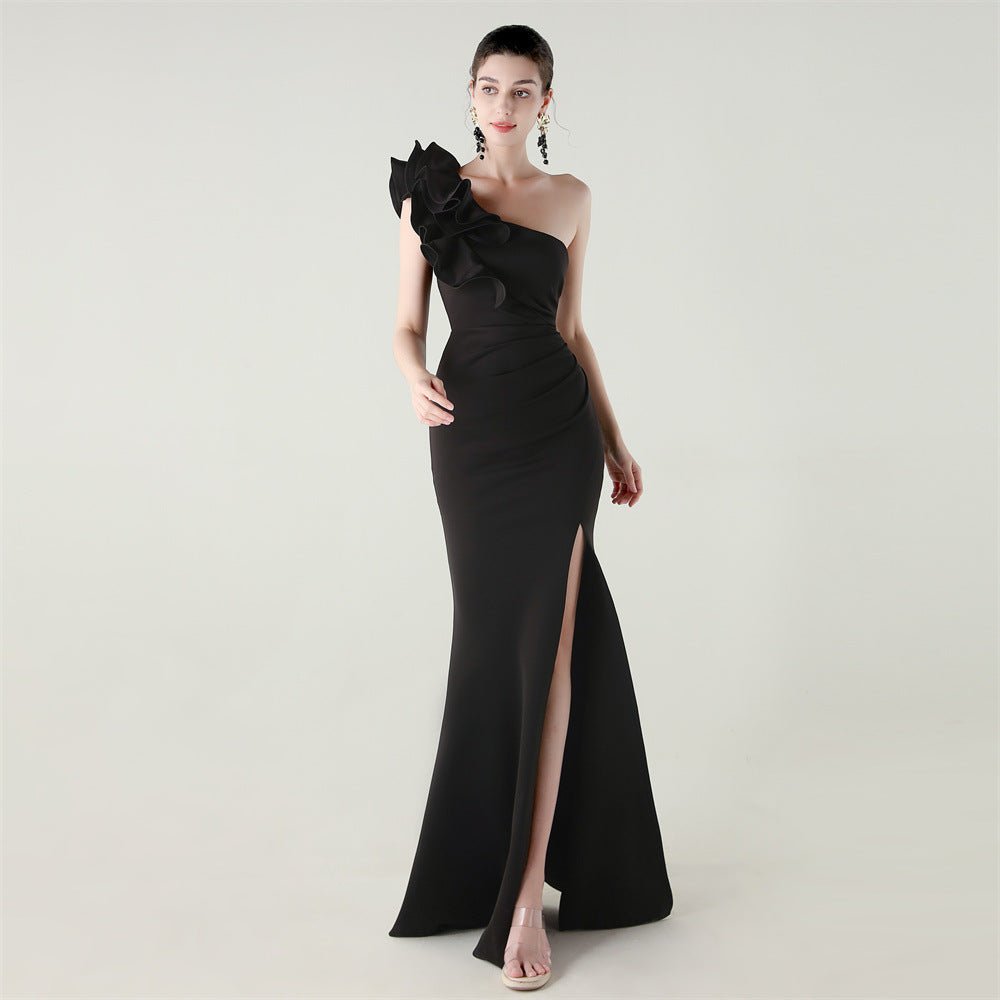One Shoulder Craft Wave Floral Satin High Slit Sexy Evening Dress Dinner Party Wedding Social - Luzilly Bridal & Apparel