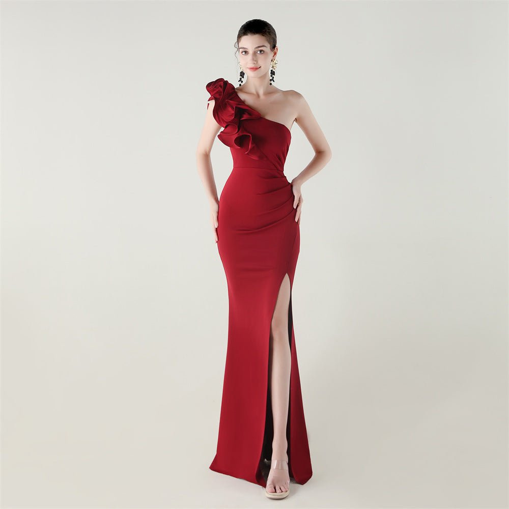 One Shoulder Craft Wave Floral Satin High Slit Sexy Evening Dress Dinner Party Wedding Social - Luzilly Bridal & Apparel