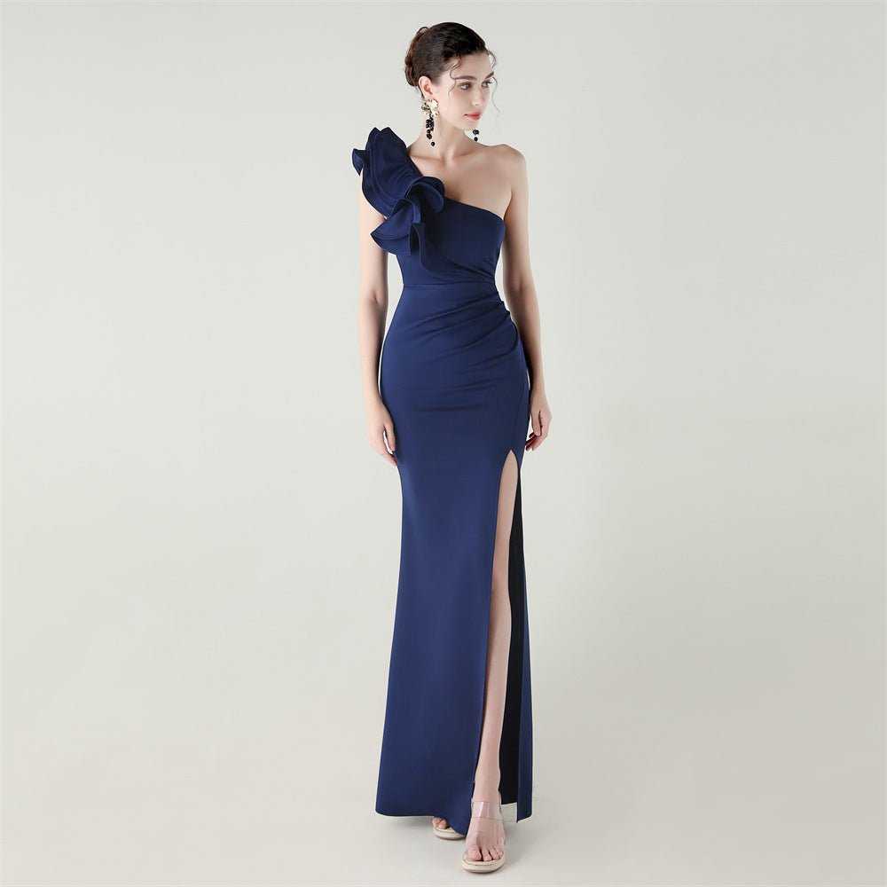 One Shoulder Craft Wave Floral Satin High Slit Sexy Evening Dress Dinner Party Wedding Social - Luzilly Bridal & Apparel