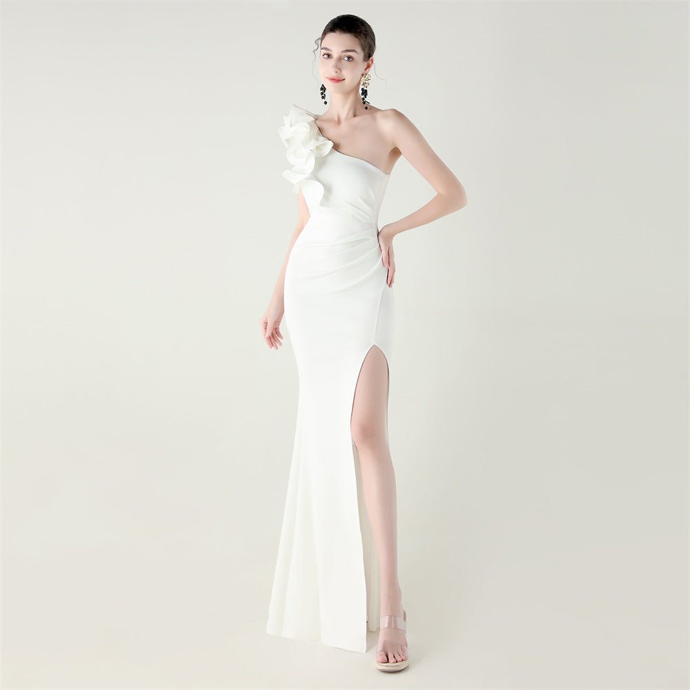 One Shoulder Craft Wave Floral Satin High Slit Sexy Evening Dress Dinner Party Wedding Social - Luzilly Bridal & Apparel