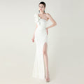 One Shoulder Craft Wave Floral Satin High Slit Sexy Evening Dress Dinner Party Wedding Social - Luzilly Bridal & Apparel