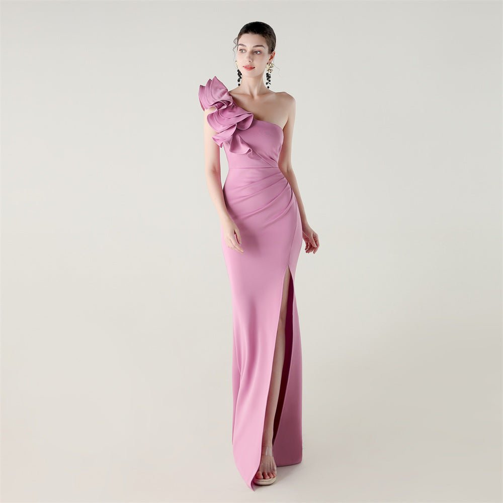 One Shoulder Craft Wave Floral Satin High Slit Sexy Evening Dress Dinner Party Wedding Social - Luzilly Bridal & Apparel