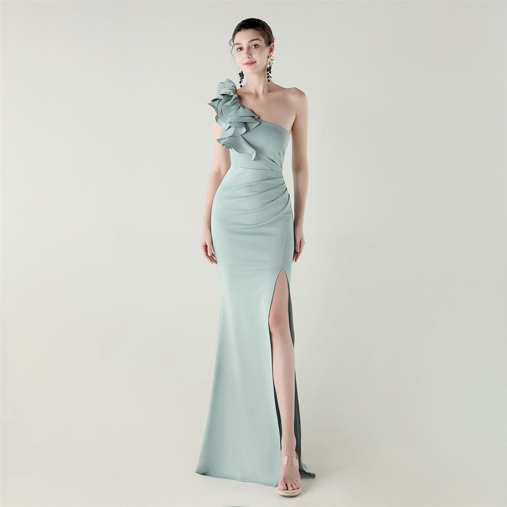 One Shoulder Craft Wave Floral Satin High Slit Sexy Evening Dress Dinner Party Wedding Social - Luzilly Bridal & Apparel
