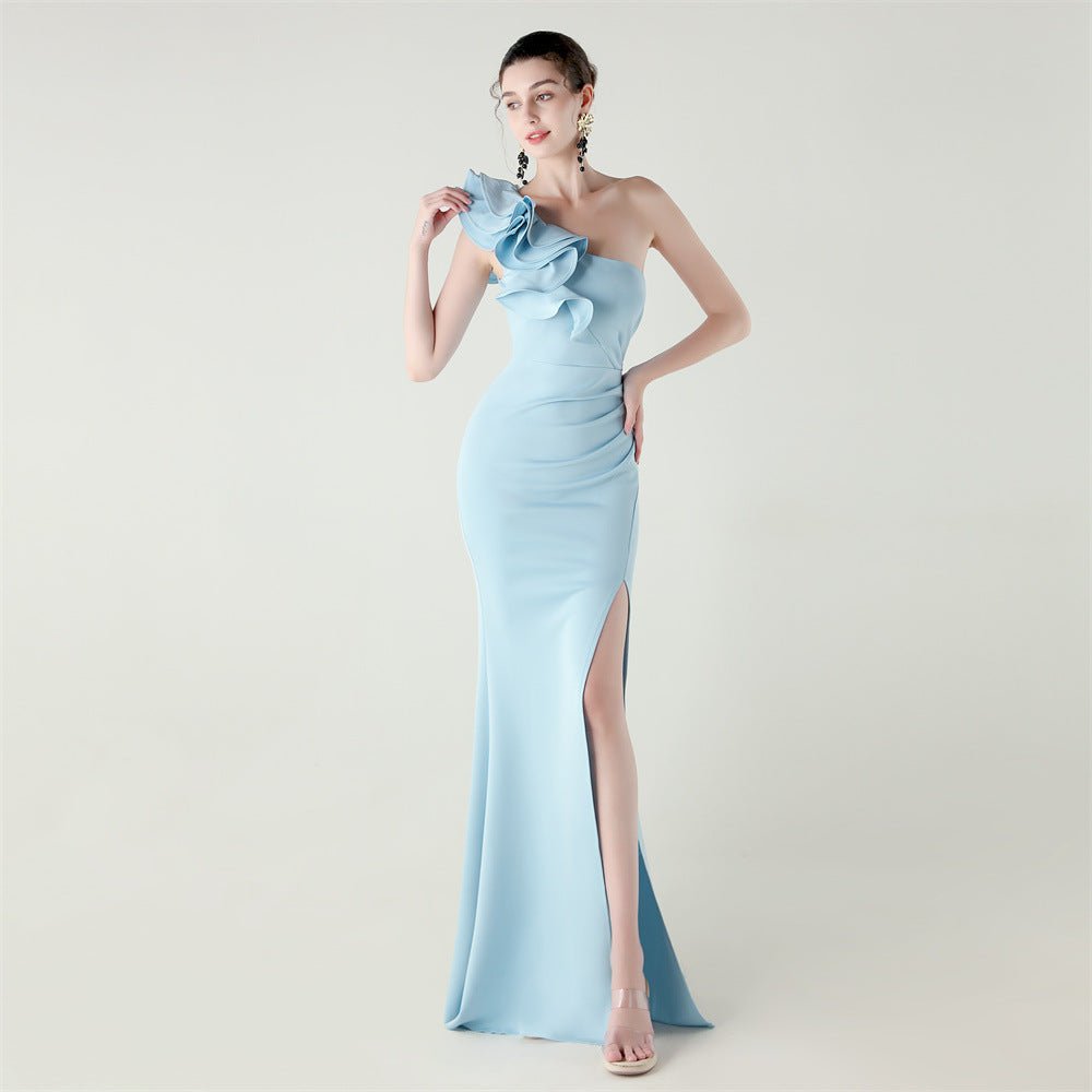 One Shoulder Craft Wave Floral Satin High Slit Sexy Evening Dress Dinner Party Wedding Social - Luzilly Bridal & Apparel