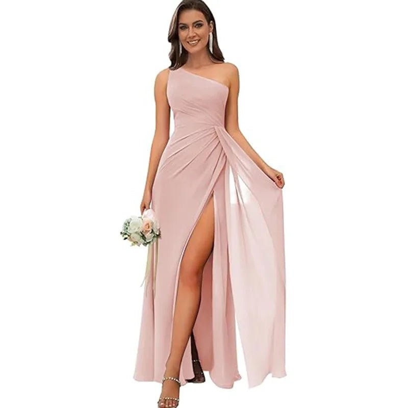 One Shoulder Draped Chiffon Bridesmaid Dress - Luzilly Bridal & Apparel