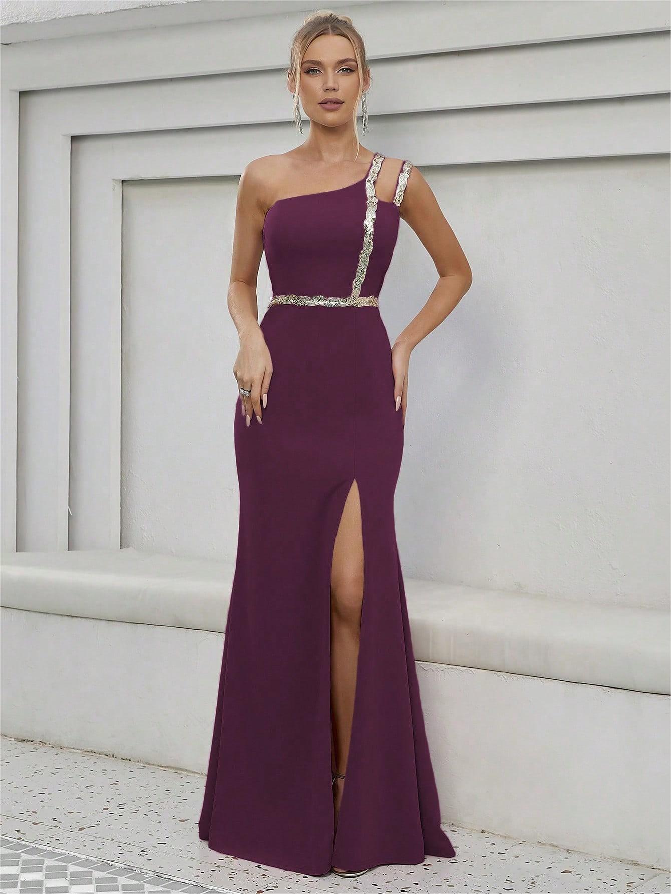 One Shoulder Evening Dress Metal Ribbon Slit Large Swing Evening Dress Dance Dress Party Dress Bridesmaid Dress Summer - Luzilly Bridal & Apparel