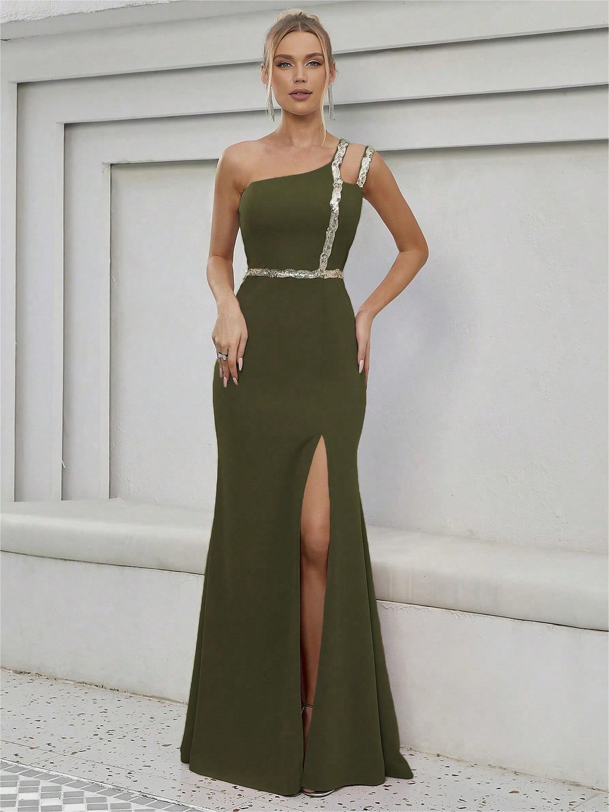 One-Shoulder Metal Ribbon Bridesmaid Dress - Luzilly Bridal & Apparel