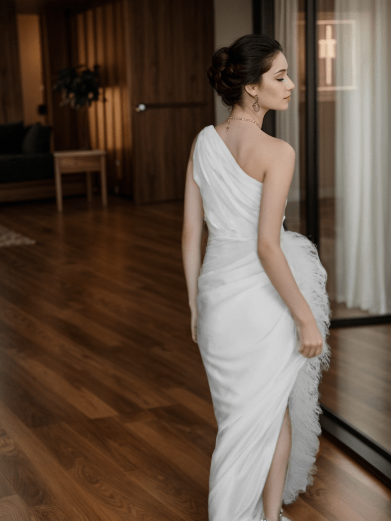 One shoulder Pleated bodice side slit silky satin prom dress Ostrich feather wedding dress - Luzilly Bridal & Apparel