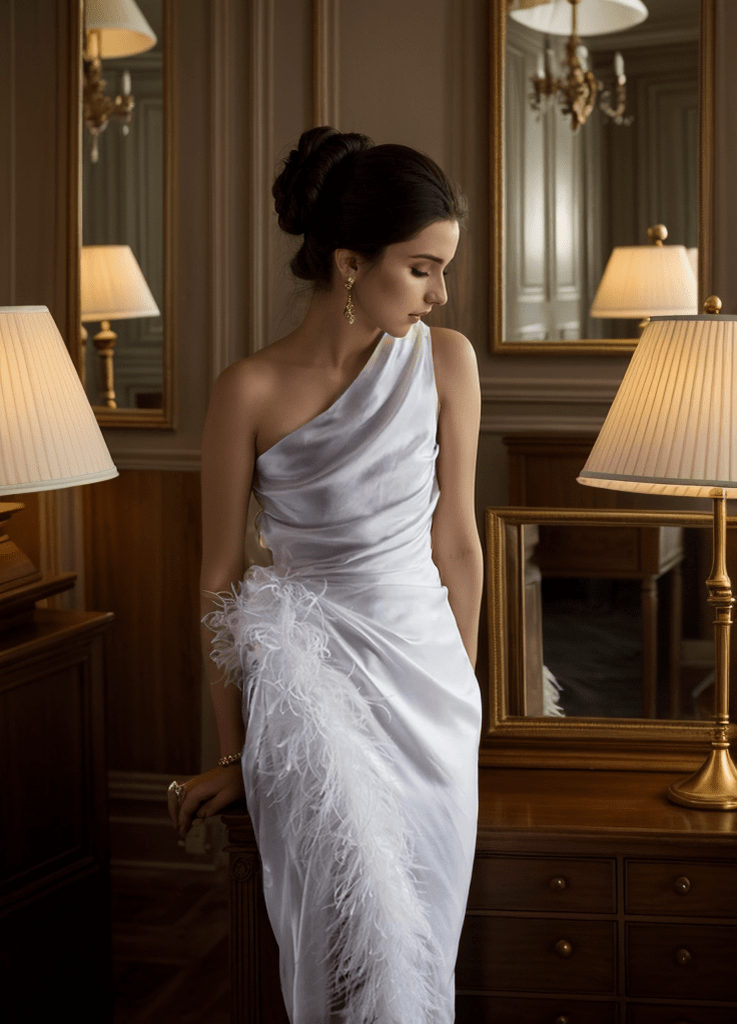 One shoulder Pleated bodice side slit silky satin prom dress Ostrich feather wedding dress - Luzilly Bridal & Apparel