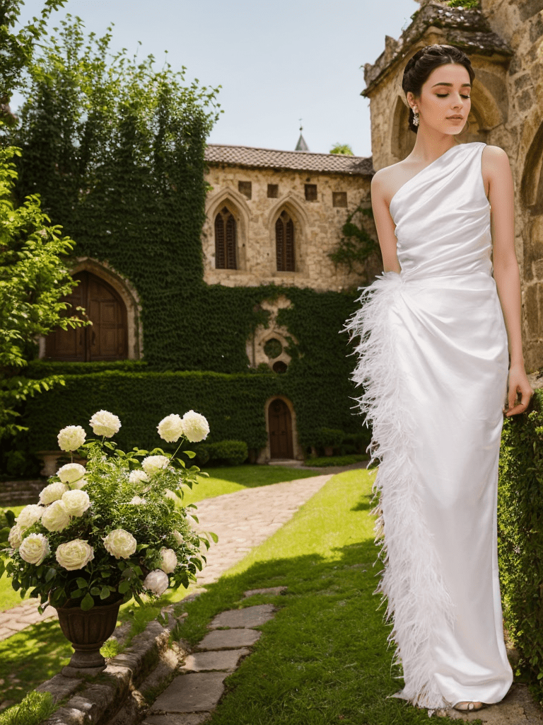 One shoulder Pleated bodice side slit silky satin prom dress Ostrich feather wedding dress - Luzilly Bridal & Apparel