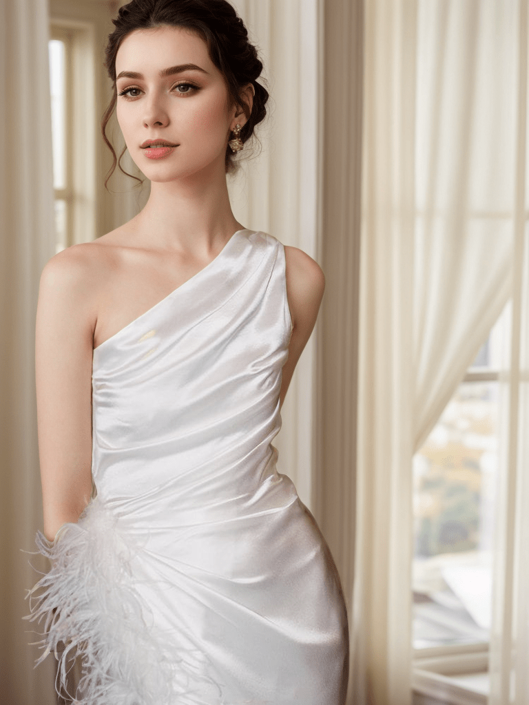 One shoulder Pleated bodice side slit silky satin prom dress Ostrich feather wedding dress - Luzilly Bridal & Apparel