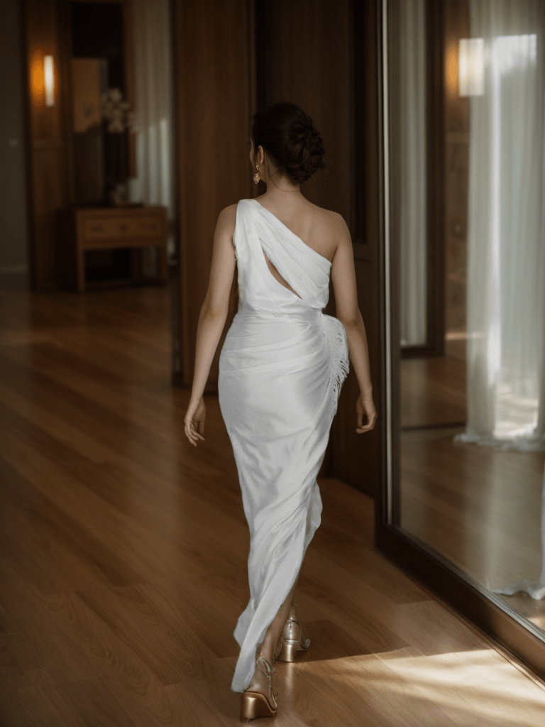 One shoulder Pleated bodice side slit silky satin prom dress Ostrich feather wedding dress - Luzilly Bridal & Apparel