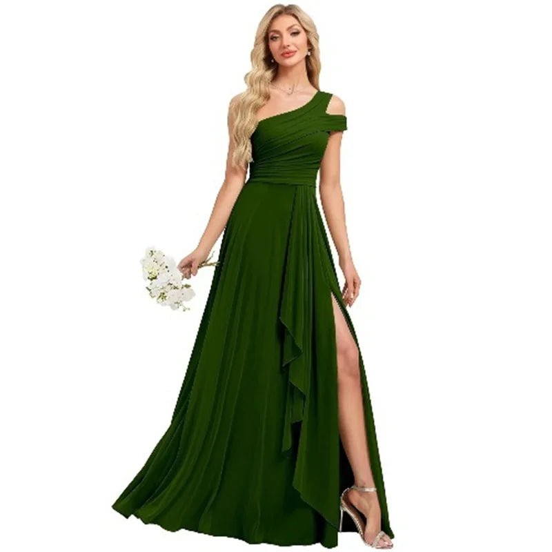 One-Shoulder Pleated Chiffon A-Line Bridesmaid Dress with Slit - Luzilly Bridal & Apparel
